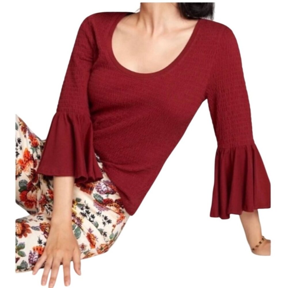 Anthropologie Smocked Red Textured Bell Sleeve Scoop Neck Top Women's XL
